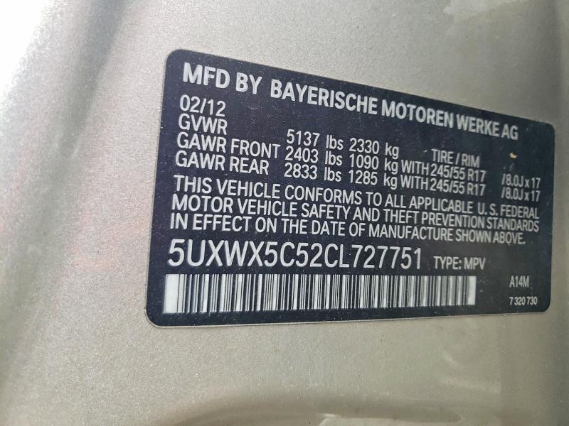 Продаж на аукціоні авто 2012 Bmw X3, vin: 5UXWX5C52CL727751, номер лоту: 54120926