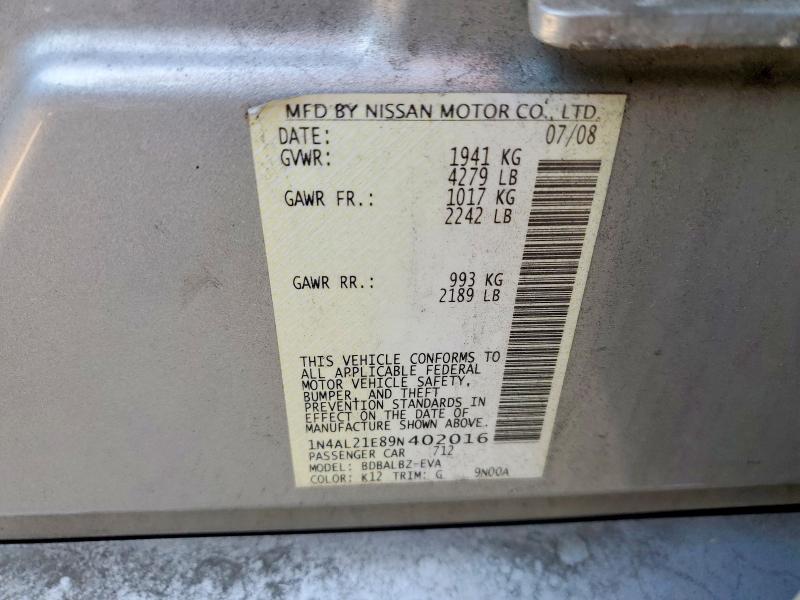 52673676 :رقم المزاد ، 1N4AL21E89N402016 vin ، 2009 Nissan Altima مزاد بيع