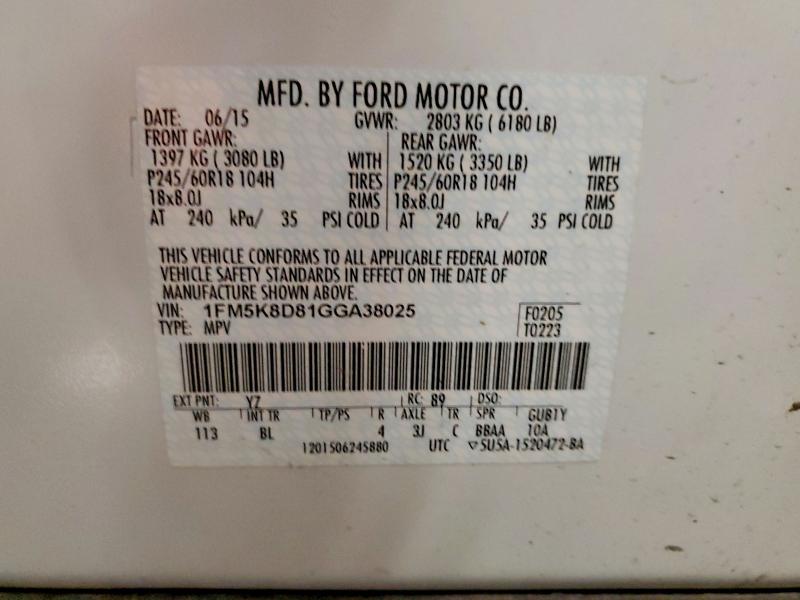 52008406 :رقم المزاد ، 1FM5K8D81GGA38025 vin ، 2016 Ford Explorer مزاد بيع