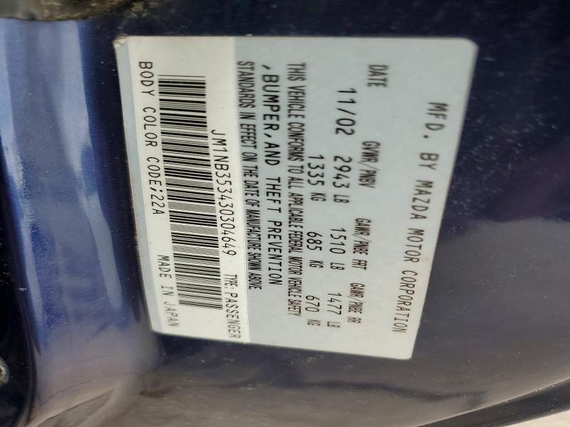 54324606 :رقم المزاد ، JM1NB353430304649 vin ، 2003 Mazda Mx-5 Miata مزاد بيع