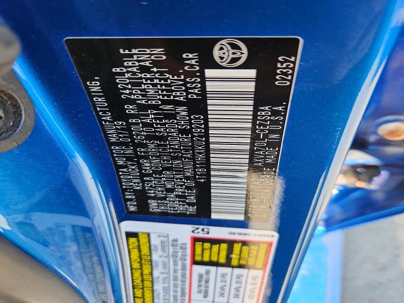53217926 :رقم المزاد ، 4T1B11HKXKU219203 vin ، 2019 Toyota Camry مزاد بيع
