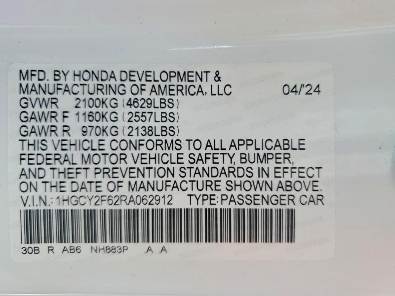 Продаж на аукціоні авто 2024 Honda Accord, vin: 1HGCY2F62RA062912, номер лоту: 51034056