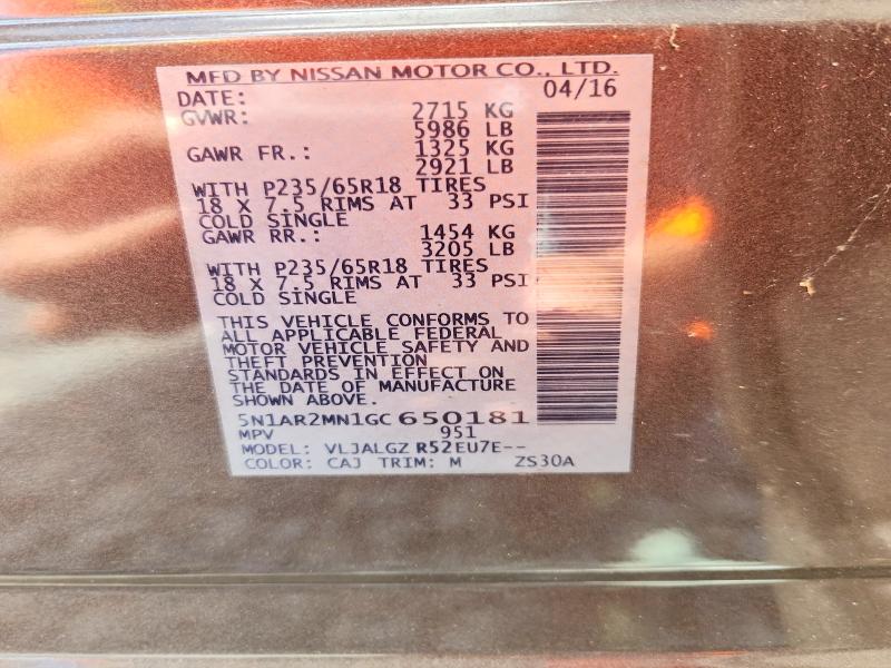 2016 Nissan Pathfinder მანქანა იყიდება აუქციონზე, vin: 5N1AR2MN1GC650181, აუქციონის ნომერი: 54355676