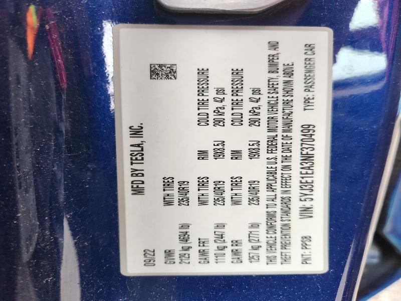 54825826 :رقم المزاد ، 5YJ3E1EA3NF370499 vin ، 2022 Tesla Model 3 مزاد بيع