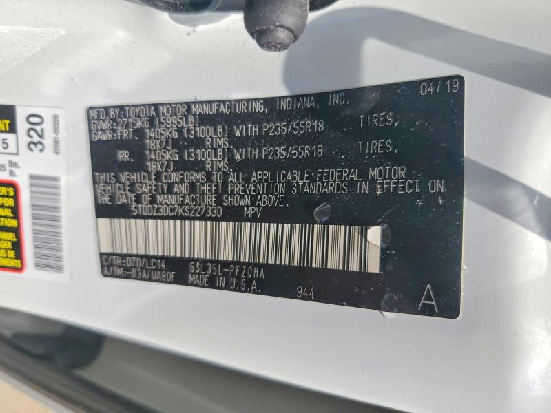 Aukcja sprzedaży 2019 Toyota Sienna, vin: 5TDDZ3DC7KS227330, numer aukcji: 53646496