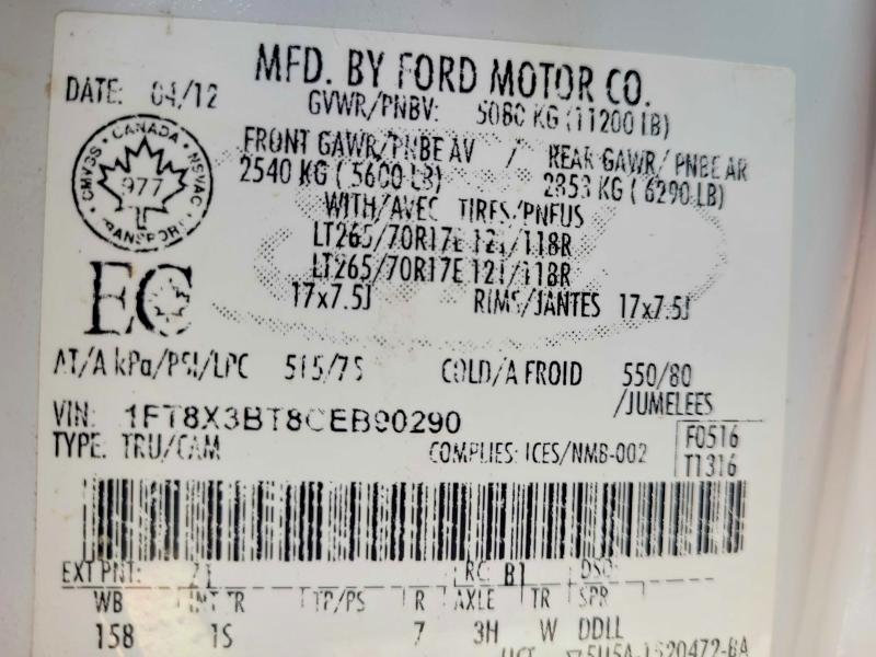Aukcja sprzedaży 2012 Ford F350, vin: 1FT8X3BT8CEB90290, numer aukcji: 52462596