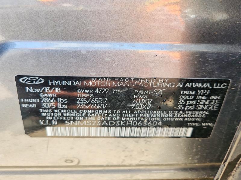 Продаж на аукціоні авто 2019 Hyundai Santa Fe, vin: 5NMS23AD3KH063604, номер лоту: 53977176