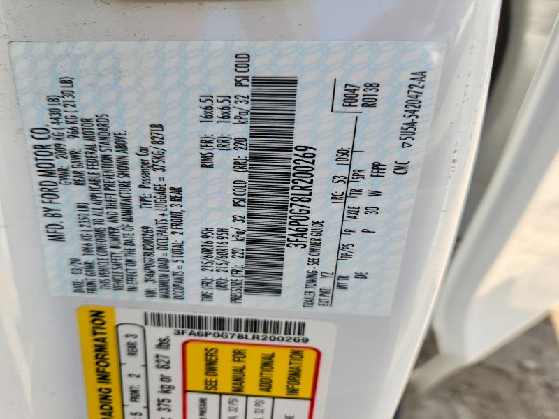 52425746 :رقم المزاد ، 3FA6P0G78LR200269 vin ، 2020 Ford Fusion مزاد بيع