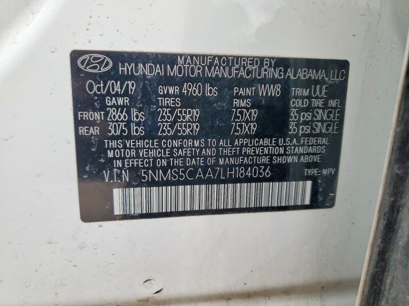 52454296 :رقم المزاد ، 5NMS5CAA7LH184036 vin ، 2020 Hyundai Santa Fe مزاد بيع
