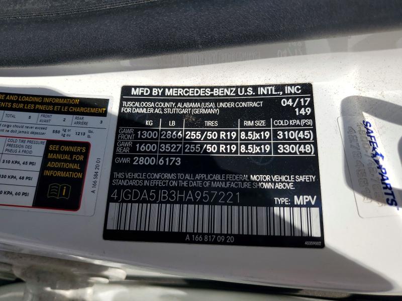 54457486 :رقم المزاد ، 4JGDA5JB3HA957221 vin ، 2017 Mercedes-benz Gle مزاد بيع