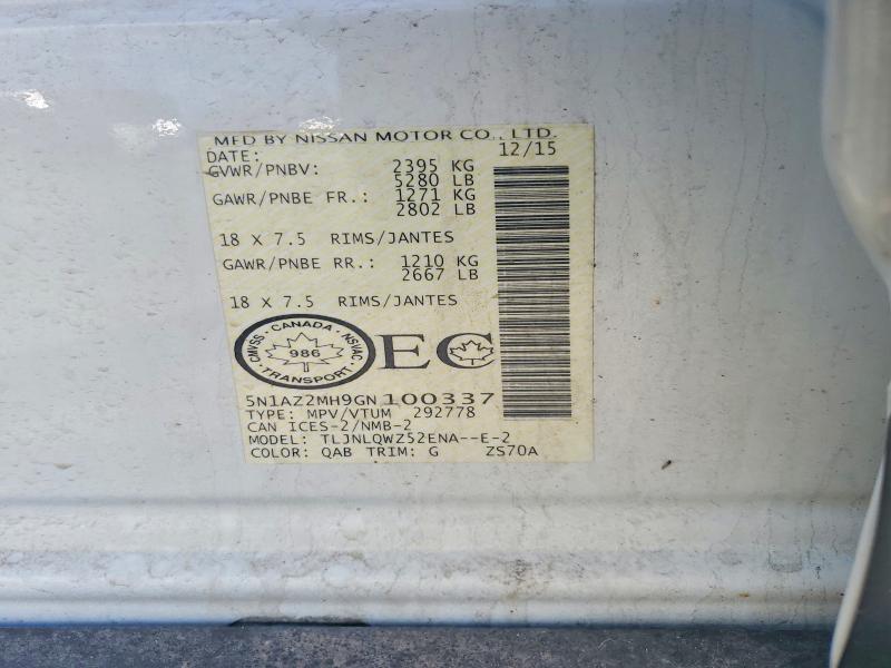 2016 Nissan Murano მანქანა იყიდება აუქციონზე, vin: 5N1AZ2MH9GN100337, აუქციონის ნომერი: 45661076