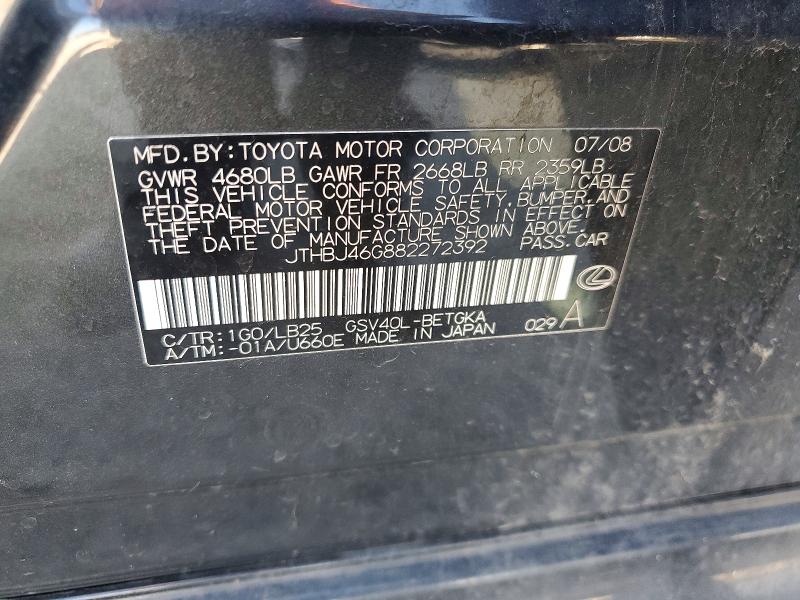 2008 Lexus Es მანქანა იყიდება აუქციონზე, vin: JTHBJ46G882272392, აუქციონის ნომერი: 54767466