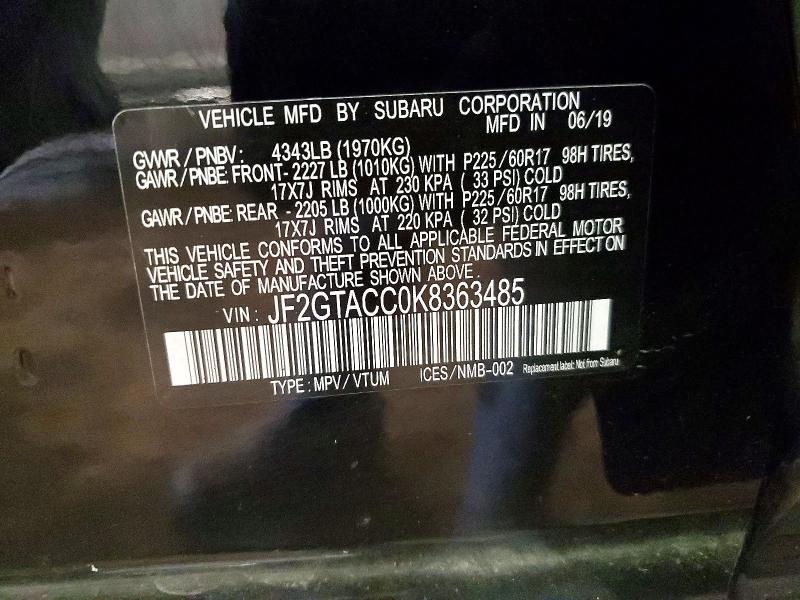 Продажа на аукционе авто 2019 Subaru Crosstrek, vin: JF2GTACC0K8363485, номер лота: 53071376