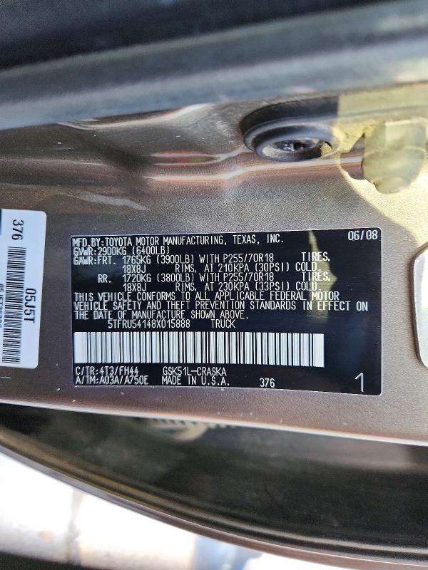 2008 Toyota Tundra მანქანა იყიდება აუქციონზე, vin: 5TFRU54148X015888, აუქციონის ნომერი: 52011676