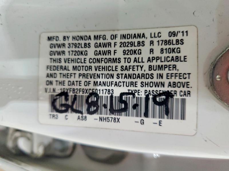 Продаж на аукціоні авто 2012 Honda Civic, vin: 19XFB2F9XCE011783, номер лоту: 53982906