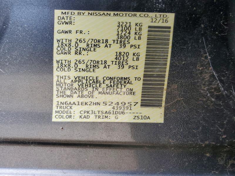 2017 Nissan Titan მანქანა იყიდება აუქციონზე, vin: 1N6AA1EK2HN524957, აუქციონის ნომერი: 54883066