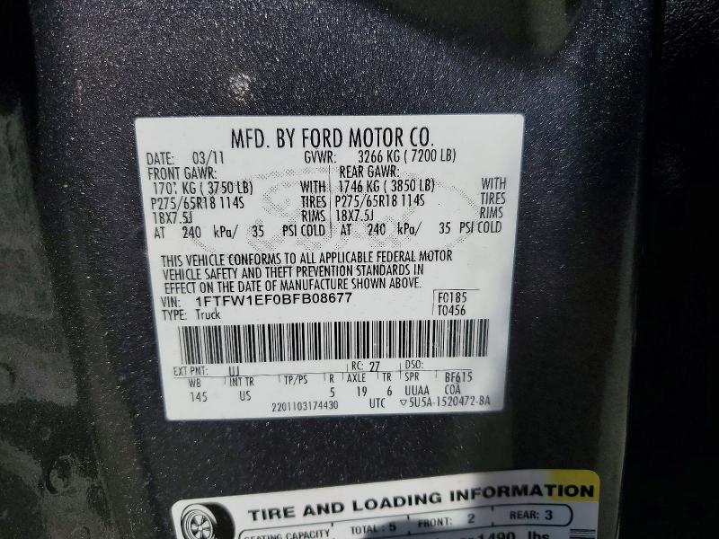 54548966 :رقم المزاد ، 1FTFW1EF0BFB08677 vin ، 2011 Ford F150 مزاد بيع