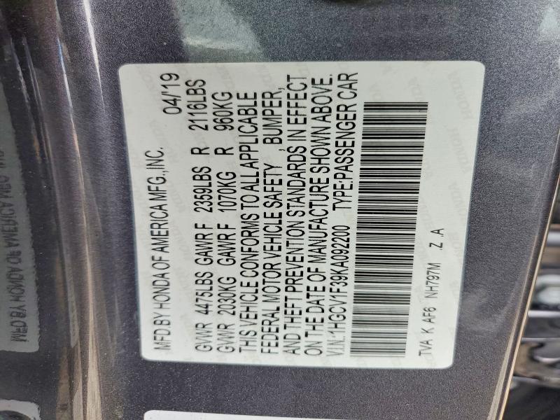52503756 :رقم المزاد ، 1HGCV1F39KA092200 vin ، 2019 Honda Accord مزاد بيع