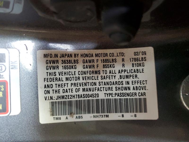53381896 :رقم المزاد ، JHMZE2H78AS004520 vin ، 2010 Honda Insight مزاد بيع