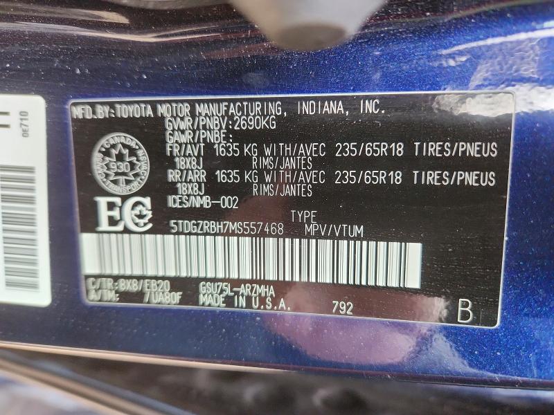 Auction sale of the 2021 Toyota Highlander, vin: 5TDGZRBH7S557468, lot number: 54820016