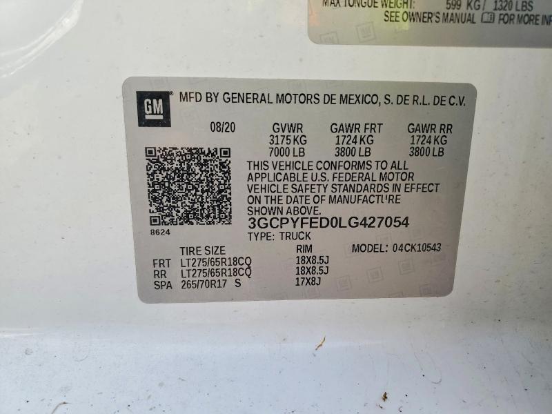 2020 Chevrolet Silverado მანქანა იყიდება აუქციონზე, vin: 3GCPYFED0LG427054, აუქციონის ნომერი: 52405796