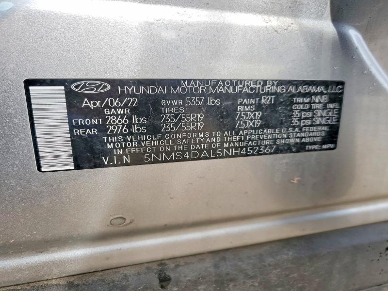 2022 Hyundai Santa Fe მანქანა იყიდება აუქციონზე, vin: 5NMS4DAL5NH452367, აუქციონის ნომერი: 53526116
