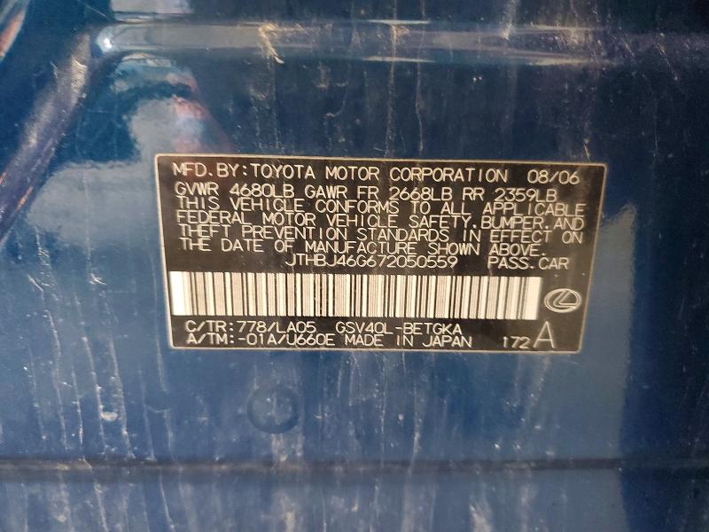 Aukcja sprzedaży 2007 Lexus Es, vin: JTHBJ46G672050559, numer aukcji: 52308826