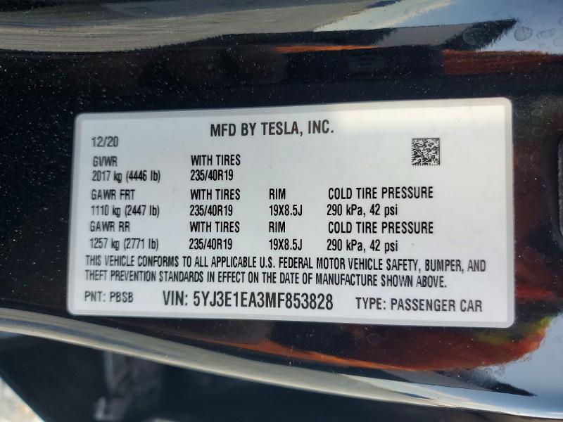 2021 Tesla Model 3 მანქანა იყიდება აუქციონზე, vin: 5YJ3E1EA3MF853828, აუქციონის ნომერი: 53070686