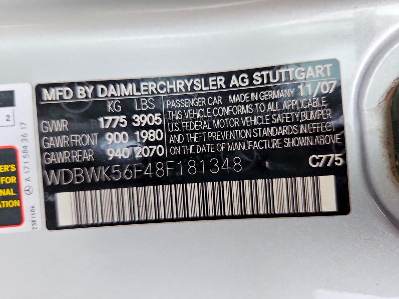 Aukcja sprzedaży 2008 Mercedes-benz Slk, vin: WDBWK56F48F181348, numer aukcji: 51127406