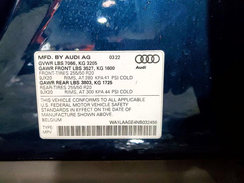 52542546 :رقم المزاد ، WA1LAAGE4NB032456 vin ، 2022 Audi E-tron مزاد بيع