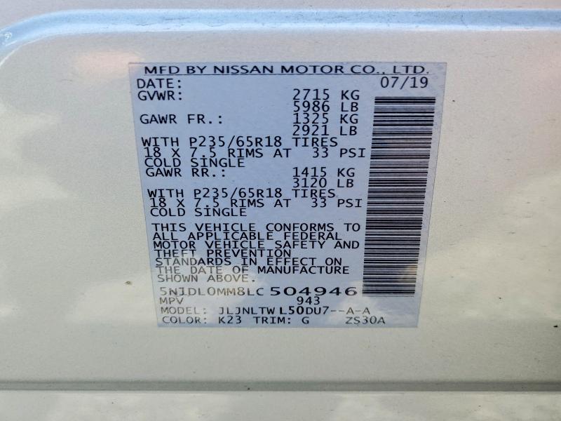 Aukcja sprzedaży 2020 Infiniti Qx60, vin: 5N1DL0MM8LC504946, numer aukcji: 54849446