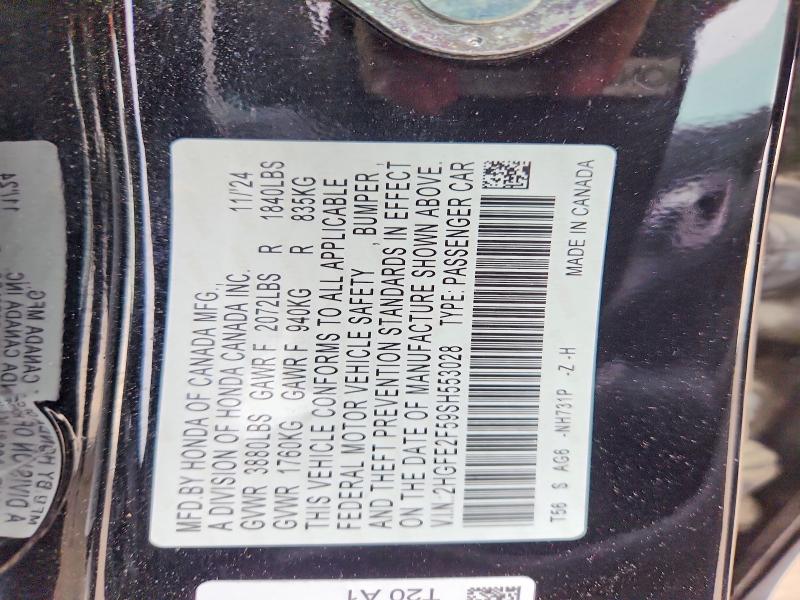 Продаж на аукціоні авто 2025 Honda Civic, vin: 2HGFE2F59SH553028, номер лоту: 52529646
