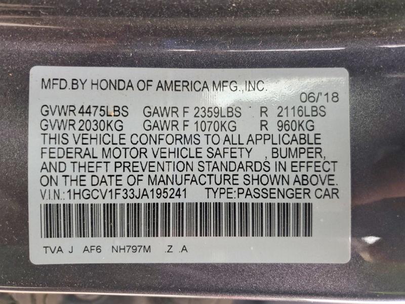 Aukcja sprzedaży 2018 Honda Accord, vin: 1HGCV1F33JA195241, numer aukcji: 54995936