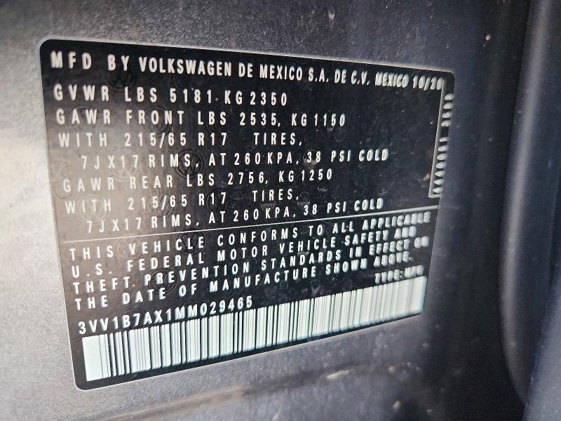 Aukcja sprzedaży 2021 Volkswagen Tiguan, vin: 3VV1B7AX1MM029465, numer aukcji: 52295626