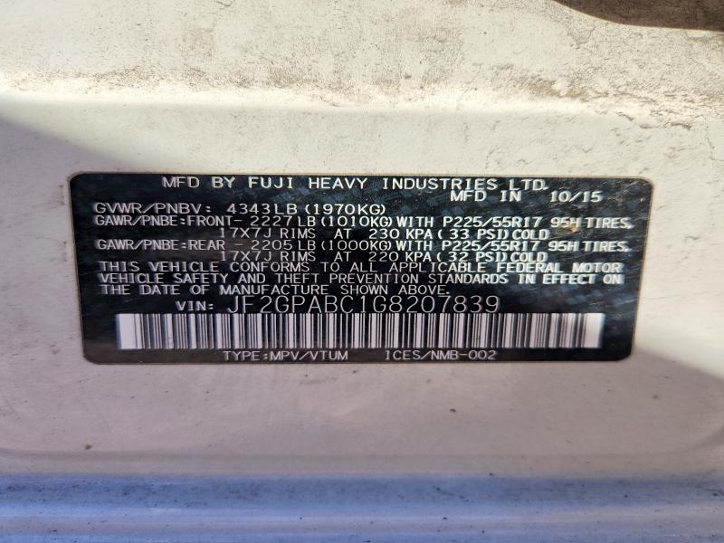 Aukcja sprzedaży 2016 Subaru Crosstrek, vin: JF2GPABC1G8207839, numer aukcji: 55039416