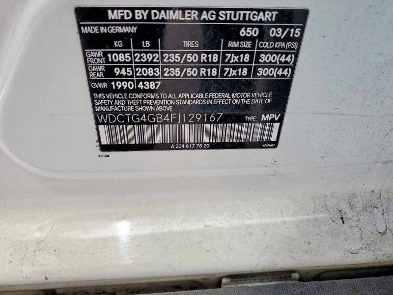 2015 Mercedes-benz Gla მანქანა იყიდება აუქციონზე, vin: WDCTG4GB4FJ129167, აუქციონის ნომერი: 54937626
