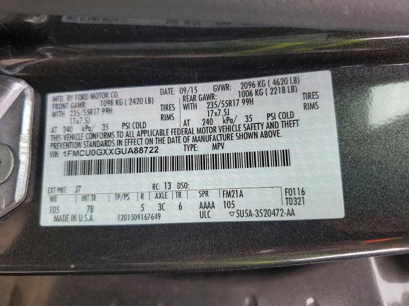 53045606 :رقم المزاد ، 1FMCU0GXXGUA88722 vin ، 2016 Ford Escape مزاد بيع