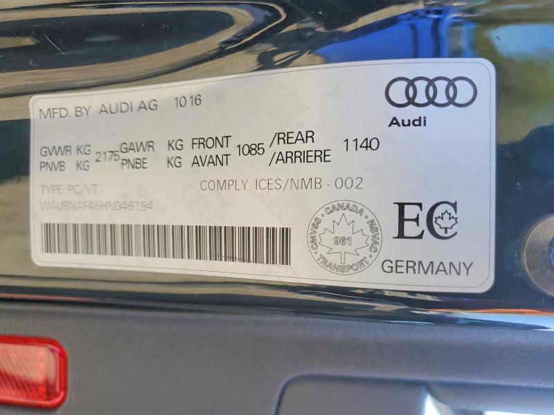 52293146 :رقم المزاد ، WAUBNAF46HN046194 vin ، 2017 Audi A4 مزاد بيع