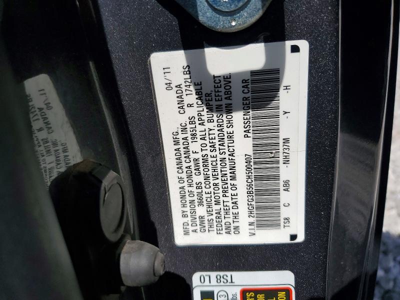 54606786 :رقم المزاد ، 2HGFG3B56CH500407 vin ، 2012 Honda Civic مزاد بيع