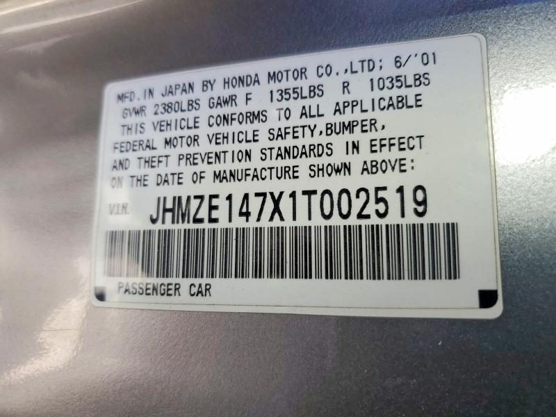 54169976 :رقم المزاد ، JHMZE147X1T002519 vin ، 2001 Honda Insight مزاد بيع