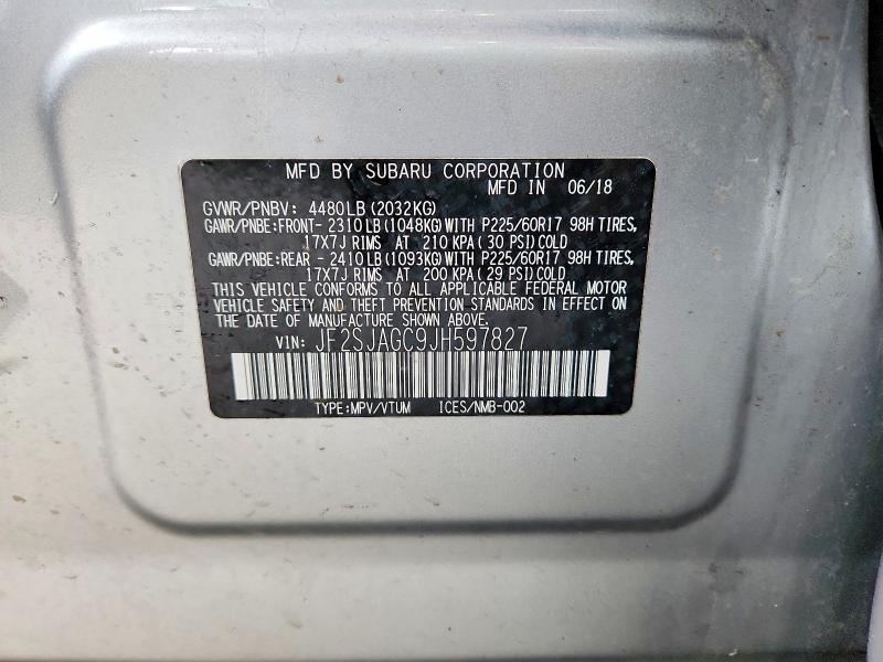 52600916 :رقم المزاد ، JF2SJAGC9JH597827 vin ، 2018 Subaru Forester مزاد بيع