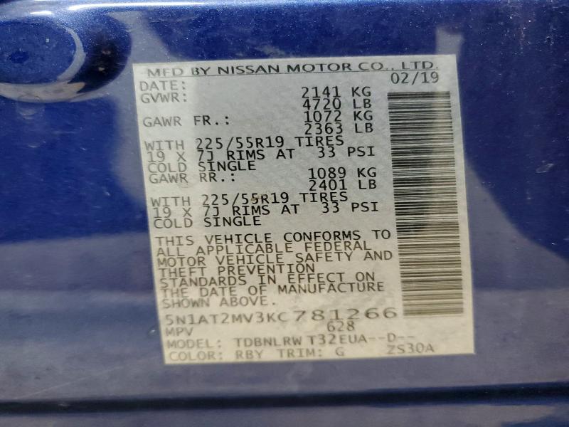 51903866 :رقم المزاد ، 5N1AT2MV3KC781266 vin ، 2019 Nissan Rogue مزاد بيع