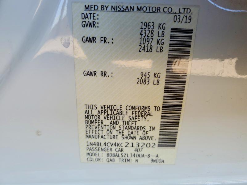 Auction sale of the 2019 Nissan Altima, vin: 1N4BL4CV4KC213202, lot number: 52257076