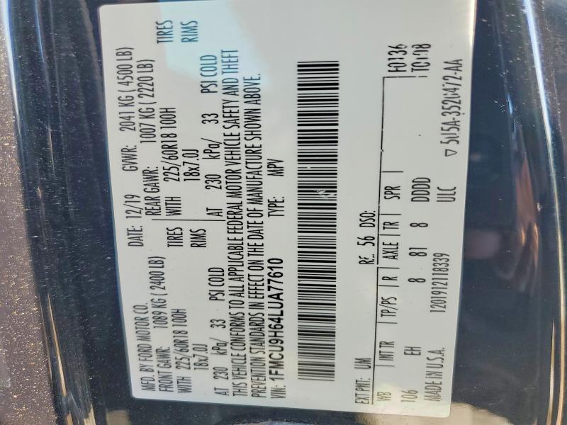 2020 Ford Escape მანქანა იყიდება აუქციონზე, vin: 1FMCU9H64LUA77610, აუქციონის ნომერი: 55051126