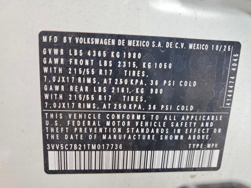 54311086 :رقم المزاد ، 3VV5C7B21TM017736 vin ، 2026 Volkswagen Taos مزاد بيع