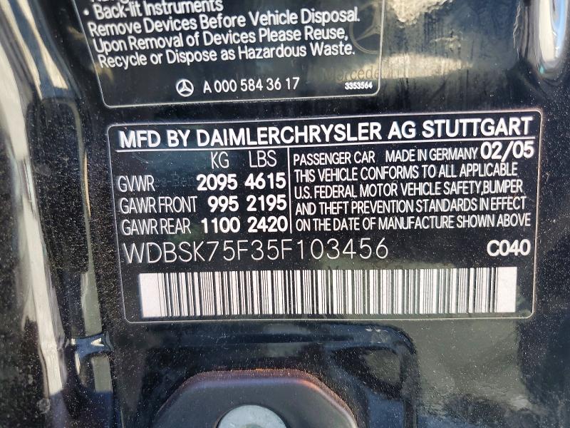 Продажа на аукционе авто 2005 Mercedes-benz Sl, vin: WDBSK75F35F103456, номер лота: 52781916