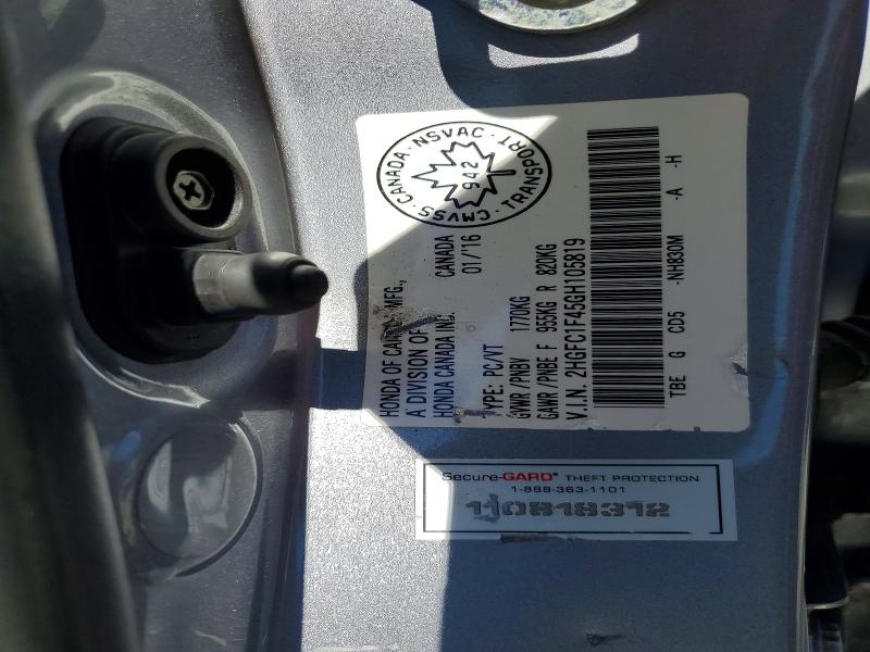 Продаж на аукціоні авто 2016 Honda Civic, vin: 2HGFC1F45GH105819, номер лоту: 51760066