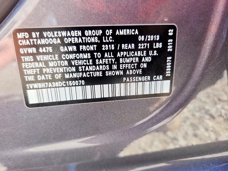 52336866 :رقم المزاد ، 1VWBH7A36DC150070 vin ، 2013 Volkswagen Passat مزاد بيع