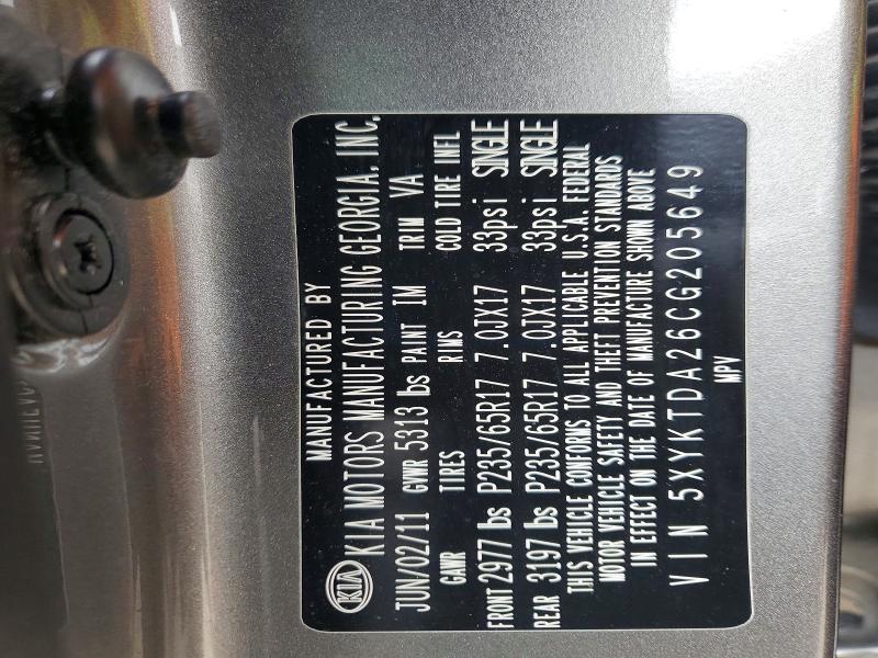 53169056 :رقم المزاد ، 5XYKTDA26CG205649 vin ، 2012 Kia Sorento مزاد بيع