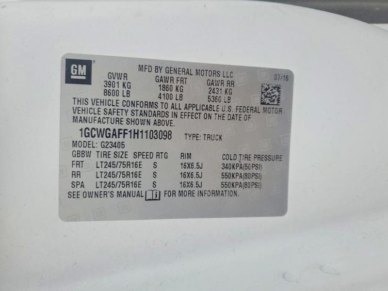 Продаж на аукціоні авто 2017 Chevrolet Express G2500, vin: 1GCWGAFF1H1103098, номер лоту: 53431406